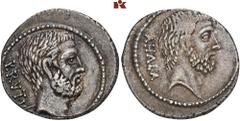 ROMAN COINS MÜNZEN DER RÖMISCHEN REPUBLIK AR-Denar, 54 v. Chr., Rom, M. Junius Brutus; 3,79 g. Kopf des L. Junius Brutus r.//Kopf des C. Servilius Ahala r. Bab. 30; BMC 3864; Crawf. 433/2; Syd. 907. E