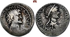 ROMAN COINS IMPERATORISCHE PRÄGUNGEN Marcus Antonius, † 30 v. Chr. und Kleopatra. AR-Denar, 34 v. Chr., Alexandria; 3,8 g. Kopf r., dahinter armenische Tiara//Drapierte Büste r. mit Diadem, davor Pror
