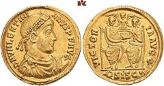 ROMAN COINS MÜNZEN DER RÖMISCHEN KAISERZEIT Valentinianus I., 364-375. AV-Solidus, 364/367, Siscia; 4,47 g. Drapierte Büste r. mit Perldiadem//Zwei Kaiser sitzen v. v. mit Globus, dahinter Victoria. R