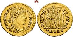ROMAN COINS MÜNZEN DER RÖMISCHEN KAISERZEIT Valentinianus I., 364-375. AV-Solidus, 367/375, Treveri; 4,46 g. Drapierte Büste r. mit Rosettendiadem//Zwei Kaiser sitzen v. v. mit Globus, dahinter Victor