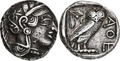 GREEK COINS GREEK COINS ATTICA ATHEN. AR-Tetradrachme, um 420/405 v. Chr.; 16,88 g. Athenakopf r. mit attischem Helm//In Incusum: Eule r., dahinter Olivenzweig und Mondsichel. Flament Gruppe III. Kl. 