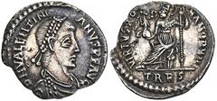 ROMAN COINS ROMAN COINS MÜNZEN DER RÖMISCHEN KAISERZEIT Valentinianus II., 375-392. AR-Siliqua, 388/392, Treveri; 1,84 g. Drapierte Büste r. mit Perldiadem//Roma sitzt l. auf Panzer mit Victoria auf G