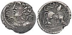 CELTIC COINS GALLIA ANONYM. AR-Quinar, 1. Jahrhundert v. Chr.; 1,31 g. ATEVLA Victoriabüste l.//VLATOS Stier steht r. Delestrée/Tache 641. RR Dunkle Tönung, min. dezentriert, sehr schön Exemplar der A