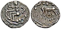 CELTIC COINS GALLIA TREVERI. AR-Quinar, 85/50 v. Chr.; 1,46 g. Mann sitzt l., davor Baum (?), unten Schlange//Stilisiertes Pferd l., darunter Ringel. Delestrée/Tache 201; Slg. Flesche 250 (dies Exempl