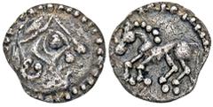 CELTIC COINS GERMANIA VINDELIKER. AR-Quinar, Imitation einer Prägung der Aedui, 1. Jahrhundert v. Chr.; 1,84 g. Kopf r.//Pferd l. Kellner Taf. 41 Nr. 944 f.; Slg. Flesche 381. R Dunkle Tönung, min. ko