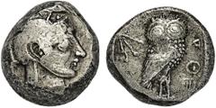 GREEK COINS ATTICA ATHEN. AR-Tetradrachme, 500/480 v. Chr.; 16,37 g. Athenakopf r. mit attischem Helm//In Incusum: Eule steht r., dahinter Olivenzweig. Seltman Gruppe Gi. RR Knapper Schrötling, min. k