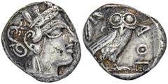 GREEK COINS ATTICA ATHEN. AR-Tetradrachme, um 420/405 v. Chr.; 17 g. Athenakopf r. mit attischem Helm//In Incusum: Eule r., dahinter Olivenzweig und Mondsichel. Flament Gruppe III. Knapper Schrötling,