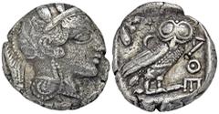 GREEK COINS ATTICA ATHEN. AR-Tetradrachme, um 420/405 v. Chr.; 16,44 g. Athenakopf r. mit attischem Helm//In Incusum: Eule r., dahinter Olivenzweig und Mondsichel. Flament Gruppe III. Etwas korrodiert