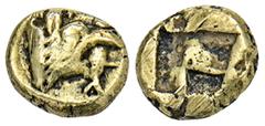 GREEK COINS MYSIA KYZIKOS. El-1/12 Stater, 550/500 v. Chr.; 0,91 g. Bärenkopf r. mit Thunfisch im Maul//Viergeteiltes Incusum. SNG France -; v. Fritze 34. Sehr schön Exemplar der Auktion Giessener Mün