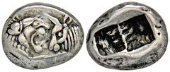 GREEK COINS LYDIA Kroisos, 561-546 v. Chr. AR-1/2 Stater, Sardeis; 5,3 g. Löwen- und Stierprotome einander gegenüber//Zweigeteiltes Incusum. SNG v. Aulock vergl. 2877 ff. Feine Tönung, sehr schön Exem