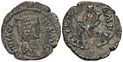 ROMAN COINS MÜNZEN DER RÖMISCHEN KAISERZEIT Didius Julianus, 193 für Didia Clara. Anima (Kupferkern) eines subaeraten Denars, Rom; 3,16 g. Drapierte Büste r.//Hilaritas steht l. mit Palmzweig und Füll