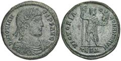 ROMAN COINS MÜNZEN DER RÖMISCHEN KAISERZEIT Jovianus, 363-364. Æ-Doppelmaiorina, Thessalonica, 1. Offizin; 8,04 g. Drapierte Büste r. mit Lorbeer- und Rosettendiadem//Kaiser steht fast v. v., Kopf r.,