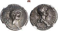 DIE SAMMLUNG DR. W. R., TEIL 8 IMPERATORISCHE PRÄGUNGEN. Die Triumviren und ihre Verbündeten. Marc Anton und sein Umfeld. Marc Anton, † 30 v. Chr., und Kleopatra. AR-Denar, 34 v. Chr., Alexandria; 3,7