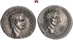 DIE SAMMLUNG DR. W. R., TEIL 8 RÖMISCHES KAISERREICH: JULISCH-CLAUDISCHES HERRSCHERHAUS. Caligula, 37-41, und Divus Augustus. AR-Denar, 37/38, Lugdunum; 3,86 g. Kopf des Caligula r.//Kopf des Divus Au