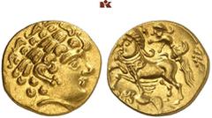 KELTISCHE MÜNZEN GALLIA. TREVERI. AV-1/4 Stater, 2. Jahrhundert v. Chr.; 1,85 g. Kopf r. mit Lorbeerkranz//Androkephales Pferd l. mit Lenker, darunter geflügelte Gestalt. Delestrée/Tache 124 f. RR Win