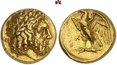 GRIECHISCHE MÜNZEN CALABRIA. TARENT. AV-Stater, 276/272 v. Chr.; 8,57 g. Zeuskopf r. mit Lorbeerkranz, dahinter NK//Adler auf Blitz l., davor Monogramm, r. (hier nicht sichtbar) ΣΩΣΙ. Fischer-Bossert 