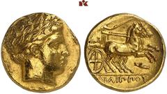 GRIECHISCHE MÜNZEN MACEDONIA. KÖNIGREICH. Philippos II., 359-336 v. Chr. AV-Stater, 340/328 v. Chr., Amphipolis; 8,49 g. Apollokopf r. mit Lorbeerkranz//Biga r., unten Gerstenkorn. Le Rider Pl. 74, - 