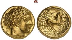 GRIECHISCHE MÜNZEN MACEDONIA. KÖNIGREICH. Philippos II., 359-336 v. Chr. AV-Stater, 340/328 v. Chr., Amphipolis; 8,57 g. Apollokopf r. mit Lorbeerkranz//Biga r., unten Mondsichel. Le Rider Pl. 76, D 4