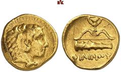 GRIECHISCHE MÜNZEN MACEDONIA. KÖNIGREICH. Philippos II., 359-336 v. Chr. AV-1/4 Stater, 340/328 v. Chr., Pella; 2,12 g. Herakleskopf im Löwenfell r.//Keule, darüber Bogen und Kantharos. Le Rider Pl. 8