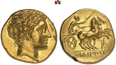 GRIECHISCHE MÜNZEN MACEDONIA. KÖNIGREICH. Philippos II., 359-336 v. Chr. AV-Stater, posthum, 323/315 v. Chr., Amphipolis; 8,57 g. Apollokopf r. mit Lorbeerkranz//Biga r., unten Aphlaston. Le Rider 247