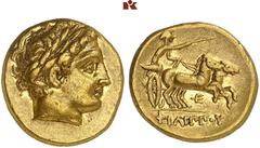 GRIECHISCHE MÜNZEN MACEDONIA. KÖNIGREICH. Philippos II., 359-336 v. Chr. AV-Stater, posthum, 323/315 v. Chr., Pella; 8,58 g. Apollokopf r. mit Lorbeerkranz//Biga r., darunter Dreizack. Le Rider Pl. 69