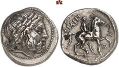 GRIECHISCHE MÜNZEN MACEDONIA. KÖNIGREICH. Philippos II., 359-336 v. Chr. AR-Tetradrachme, posthum, 323/315 v. Chr., Amphipolis; 14,29 g. Zeuskopf r. mit Lorbeerkranz// Reiter r. mit Zweig, unten Aphla