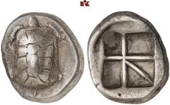 GRIECHISCHE MÜNZEN AEGINA. AEGINA. AR-Stater, 445/430 v. Chr.; 11,81 g. Landschildkröte//Fünffach geteiltes Incusum. Hoover 437; SNG Delepierre 1535 ff. R Feine Tönung, sehr schön Exemplar der Sammlun