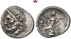 GRIECHISCHE MÜNZEN PELOPONNESUS. ARCADIA. MEGALOPOLIS. AR-Triobol, 175/168 v. Chr.; 2,36 g. Zeuskopf l. mit Lorbeerkranz// Pan sitzt l. mit Lagobolon, davor Adler. Dengate Gruppe I, Periode IIB; Slg. 