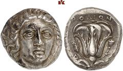 GRIECHISCHE MÜNZEN CARIA. RHODOS. AR-Tetradrachme, 404/385 v. Chr.; 15,19 g. Helioskopf fast v. v.//Rose, l. Ähre und Δ. Ashton u. a., The Hecatomnus Hoard (Appendix) 61; Ashton, The Coinage of Rhodes