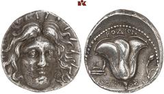 GRIECHISCHE MÜNZEN CARIA. RHODOS. AR-Tetradrachme, 230/205 v. Chr., Magistrat Ameinias; 13,56 g. Helioskopf fast v. v.//Rose, l. Prora. Ashton, The Coinage of Rhodes 212; Hoover 1432; SNG Keckman 542.