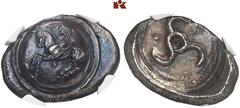 GRIECHISCHE MÜNZEN LYCIA. Khinakha (?). AR-Stater, 460/440 v. Chr.; 9,84 g. Pegasos l. auf Rundschild, darunter Kugel//In Incusum: Triskelis. Müseler -, vergl. IV, 76 ff.; SNG v. Aulock -, vergl. 4089
