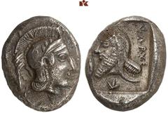 GRIECHISCHE MÜNZEN LYCIA. Kherei. AR-Drachme, 430/410 v. Chr., Tlos; 4,15 g. Athenakopf r. mit attischem Helm//In Incusum: Kopf l. mit Kyrbasia, davor Gerstenkorn. Müseler VI, 42 (dies Exemplar); Vism