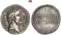 RÖMISCHE MÜNZEN IMPERATORISCHE PRÄGUNGEN. Marcus Antonius, † 30 v. Chr. AR-Denar, 32 v. Chr., Athen; 3,88 g. Kopf r.//ANTONIVS/AVG IMP III. Bab. 96; BMC 177; Crawf. 542/2; Sear 347; Syd. 1209. Feine T