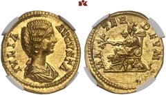 RÖMISCHE MÜNZEN MÜNZEN DER RÖMISCHEN KAISERZEIT. Septimius Severus, 193-211. - für Julia Domna. AV-Aureus, 198/211, Rom; 7,33 g. Drapierte Büste r.//Kybele sitzt l. mit Zweig, zu den Seiten des Throns