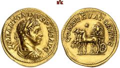 RÖMISCHE MÜNZEN MÜNZEN DER RÖMISCHEN KAISERZEIT. Antoninus IV. Elagabal, 218-222. AV-Aureus, 220/222, Rom; 6,40 g. Drapierte Büste r. mit Lorbeerkranz//Der mit einem Adler geschmückte Stein von Emesa 
