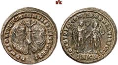 RÖMISCHE MÜNZEN MÜNZEN DER RÖMISCHEN KAISERZEIT. Licinius I., 308-324. - und Licinius II. Æ-Follis, 320/321, Cyzicus, 4. Offizin; 4,60 g. DD NN IOVII LICINII INVICT AVG ET CAES Beider Büsten einander 