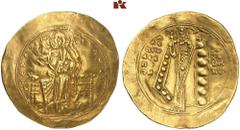 BYZANTINISCHE MÜNZEN BYZANZ. Alexius I., 1081-1118. AV-Hyperpyron (Scyphat), 1092/1118, Constantinopolis; 4,33 g. Christus thront v. v.//Kaiser steht v. v. mit Labarum und Kreuzglobus. DOC 20 g; Sear 