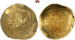 BYZANTINISCHE MÜNZEN BYZANZ. Isaakios II. Angelos, 1185-1195. AV-Hyperpyron (Scyphat), Constantinopolis; 4,05 g. Muttergottes sitzt v. v.//Kaiser mit Kreuzzepter und Erzengel Michael stehen v. v. und 