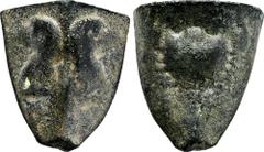 GREEK COINS SICILIA AKRAGAS. Æ-Tetras (gegossen), um 450 v. Chr.; 11,23 g. Köpfe zweier Adler//Krebs. Auf der Basis drei Wertkugeln. Calciati 6. Grüne Patina, sehr schön Exemplar der eLive Auction Fri