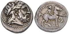 GREEK COINS MACEDONIA KÖNIGREICH. Philippos II., 359-336 v. Chr. AR-Tetradrachme, posthum, 323/315 v. Chr., Amphipolis; 14,35 g. Zeuskopf r. mit Lorbeerkranz//Reiter r. mit Zweig, unten Aphlaston und 