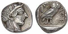 GREEK COINS ATTICA ATHEN. AR-Tetradrachme, um 440/420 v. Chr.; 17,14 g. Athenakopf r. mit attischem Helm//In Incusum: Eule r., dahinter Olivenzweig und Mondsichel. Flament Gruppe II. Kl. Kratzer auf d