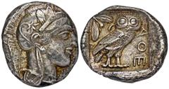 GREEK COINS ATTICA ATHEN. AR-Tetradrachme, um 440/420 v. Chr.; 17,14 g. Athenakopf r. mit attischem Helm//In Incusum: Eule r., dahinter Olivenzweig und Mondsichel. Flament Gruppe II. Sehr schön/fast v