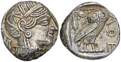 GREEK COINS ATTICA ATHEN. AR-Tetradrachme, um 420/405 v. Chr.; 16,93 g. Athenakopf r. mit attischem Helm//In Incusum: Eule r., dahinter Olivenzweig und Mondsichel. Flament Gruppe III. Min. gereinigt, 