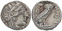 GREEK COINS ATTICA ATHEN. AR-Tetradrachme, um 420/405 v. Chr.; 17,15 g. Athenakopf r. mit attischem Helm//In Incusum: Eule r., dahinter Olivenzweig und Mondsichel. Flament Gruppe III. Min. Auflagen au