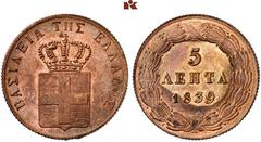 EUROPÄISCHE MÜNZEN UND MEDAILLEN GRIECHENLAND. Otto I., 1832-1862 Ku.-5 Lepta 1839, Athen. 6,54 g. Divo 21 f; Karamitsos 60. Sehr selten in dieser Erhaltung. Prachtexemplar. Fast Stempelglanz.