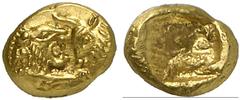 GRIECHISCHE MÜNZEN LYDIA Kroisos, 561-546 v. Chr. AV-1/12 Stater (leichter Standard) Sardeis; 0,67 g. Löwen- und Stierprotome einander gegenüber//Incusum. SNG München 9. Prachtexemplar. RR Fast Stempe