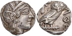 GREEK COINS ATTICA ATHEN. AR-Tetradrachme, um 440/420 v. Chr.; 17,2 g. Athenakopf r. mit attischem Helm//In Incusum: Eule r., dahinter Olivenzweig und Mondsichel. Flament Gruppe II; Hoover 1597. Feine
