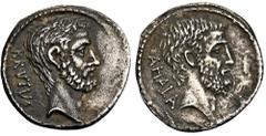 ROMAN COINS MÜNZEN DER RÖMISCHEN REPUBLIK AR-Denar, 54 v. Chr., Rom, M. Junius Brutus; 3,45 g. Kopf des L. Junius Brutus r.//Kopf des C. Servilius Ahala r. Bab. 30; BMC 3864; Crawf. 433/2; Syd. 907. D