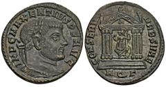 ROMAN COINS MÜNZEN DER RÖMISCHEN KAISERZEIT Maxentius, 306-312. Æ-Follis, 308/309, Aquileia, 3. Offizin; 6,3 g. Kopf r. mit Lorbeerkranz//Roma sitzt l. mit Globus und Zepter in sechssäuligem Tempel. D