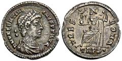 ROMAN COINS MÜNZEN DER RÖMISCHEN KAISERZEIT Valentinianus I., 364-375. AR-Siliqua, 367/375, Treveri; 1,95 g. Drapierte Büste r. mit Perldiadem//Roma sitzt l. mit Victoria auf Globus und Speer. RIC 27 